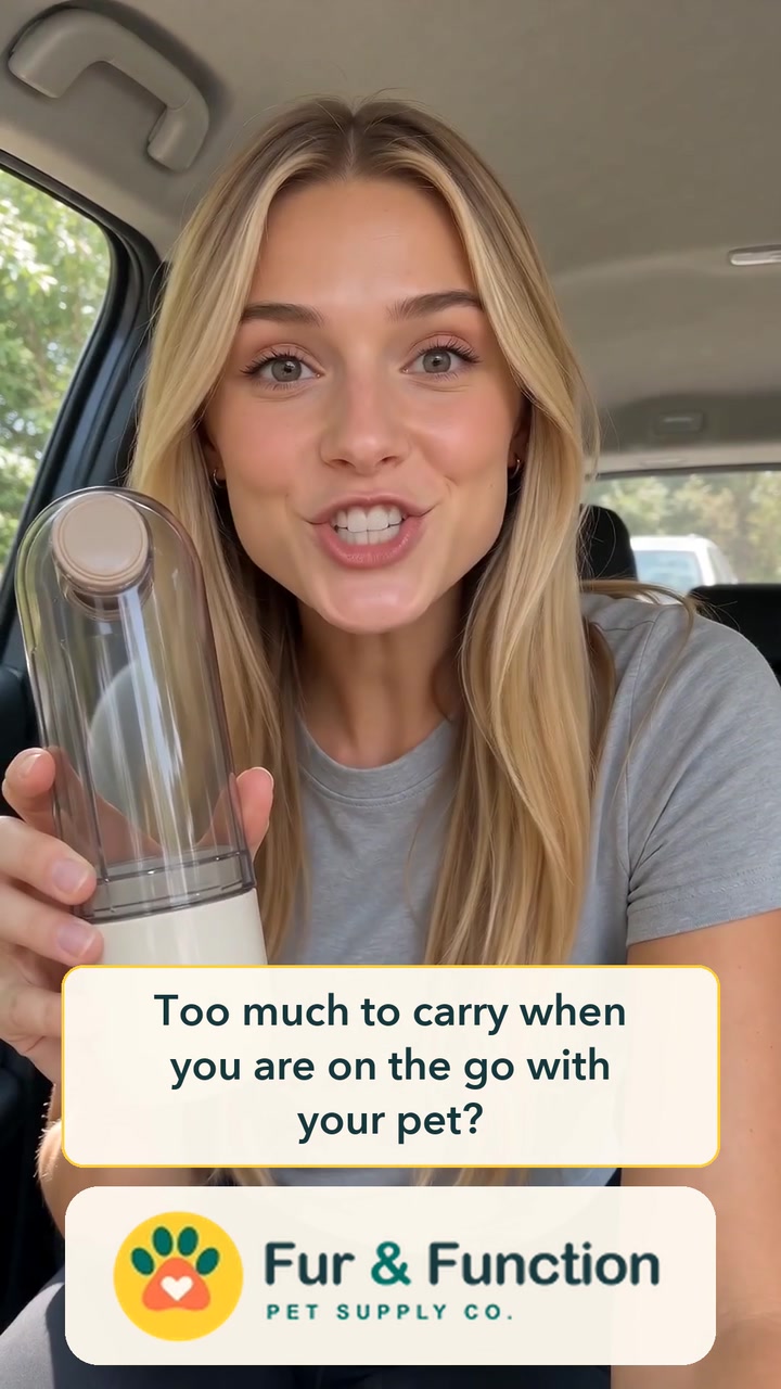 Blonde AI presenter holding a pet water bottle